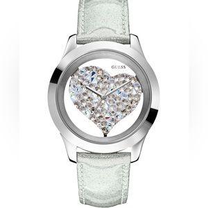 GUESS Ladies Watch: Silver Glitz Band, Transparent/Prism Heart Face + Case